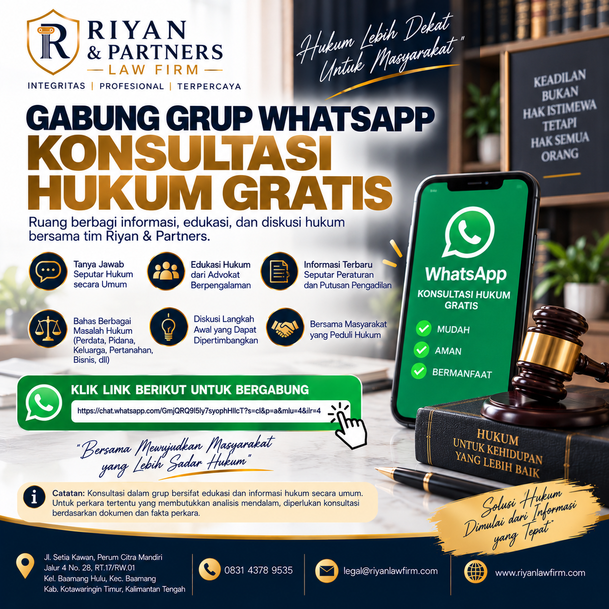 Konsultasi Hukum Gratis Bersama Riyan & Partners Melalui Grup WhatsApp